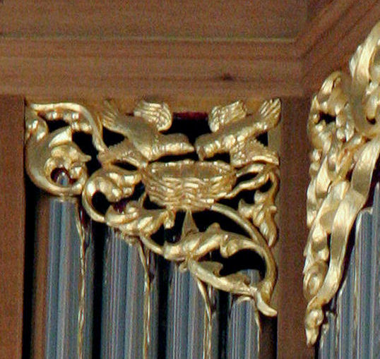 Pipe shade carving, birds, Fritts pipe organ, St Marks, Seattle, WA